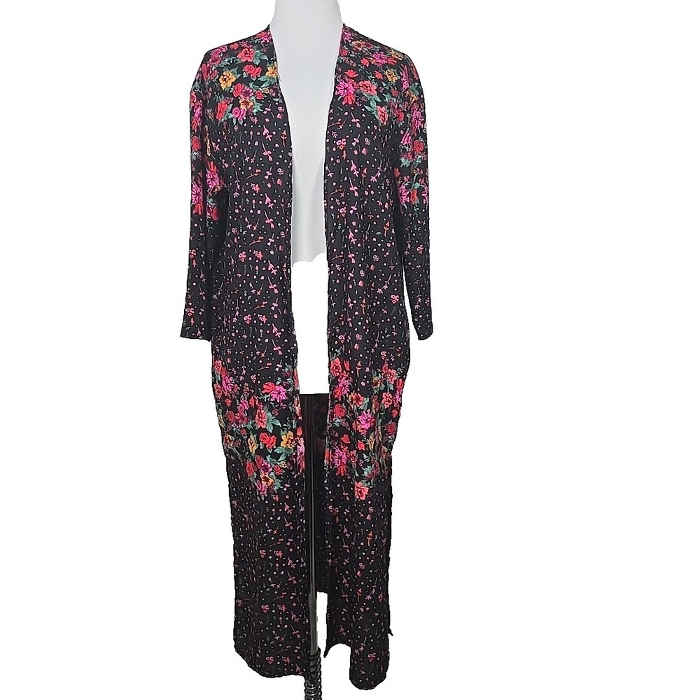 Everly Black Floral Long‎ Sleeve Open-Front Vest Kimono Duster Pockets Small S